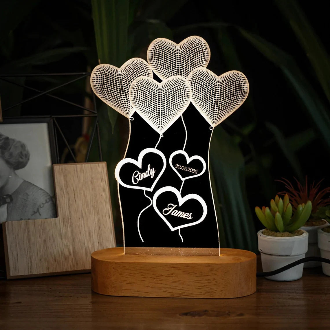 PERSONALIZED NAME 3D ILLUSION LED DOUBLE HEART LED LAMP FOR ANNIVERSARY