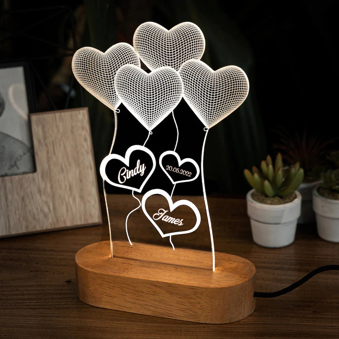 PERSONALIZED NAME 3D ILLUSION LED DOUBLE HEART LED LAMP FOR ANNIVERSARY