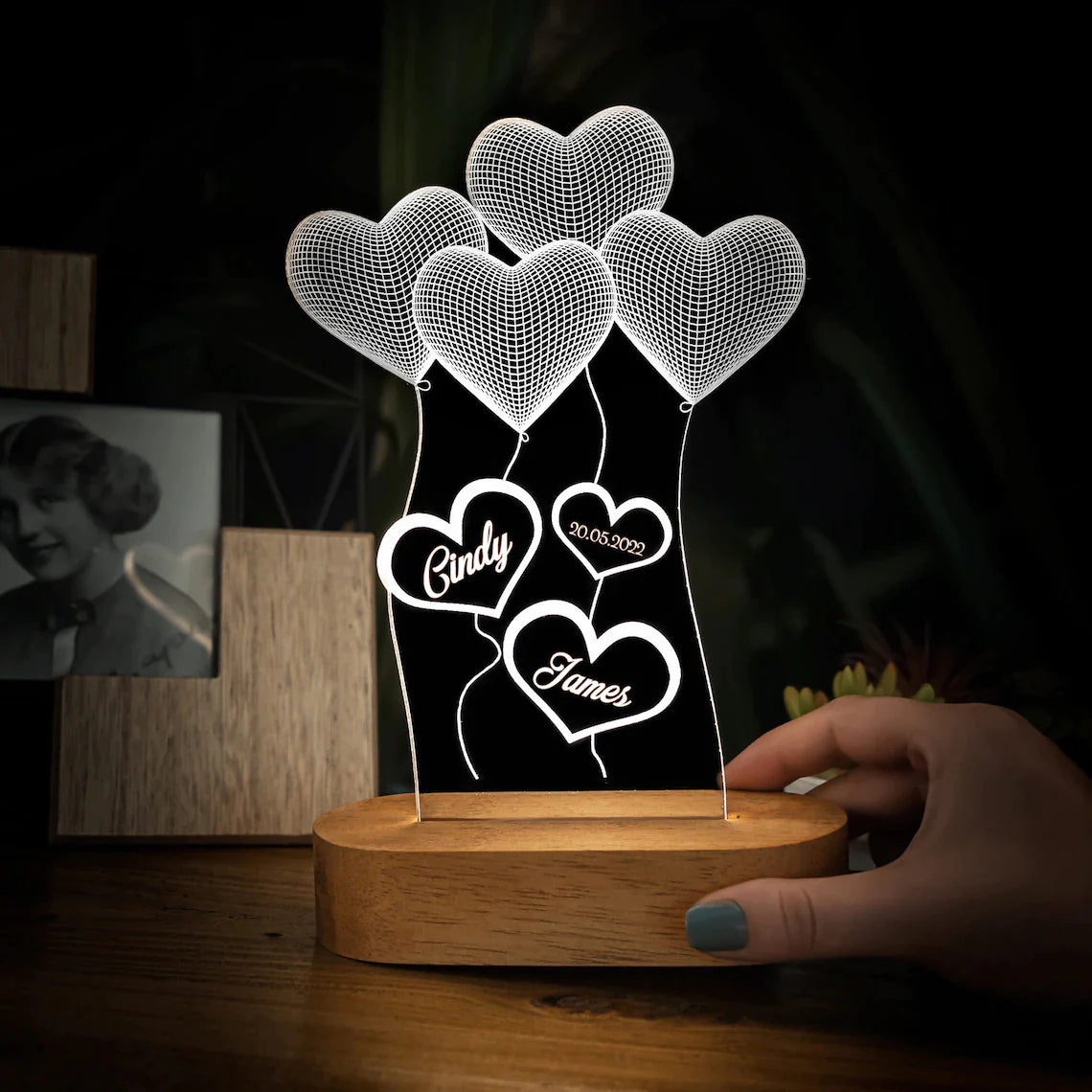 PERSONALIZED NAME 3D ILLUSION LED DOUBLE HEART LED LAMP FOR ANNIVERSARY