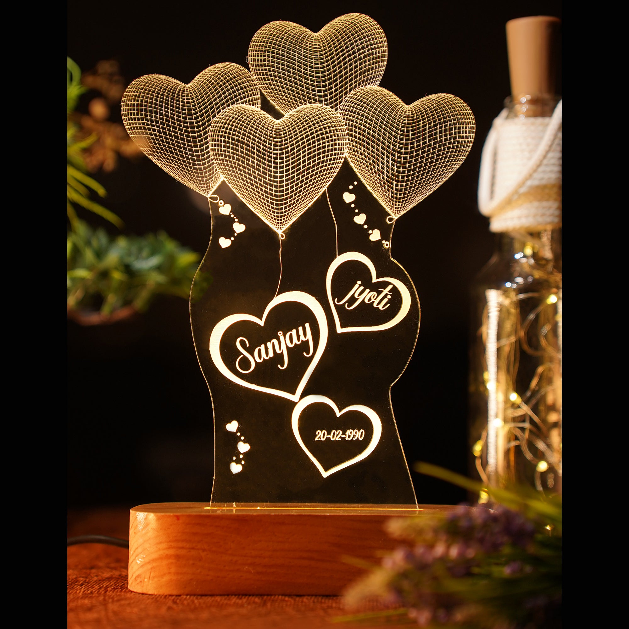 PERSONALISED 3 D WITH 7 HEART ILLUSION LAMP