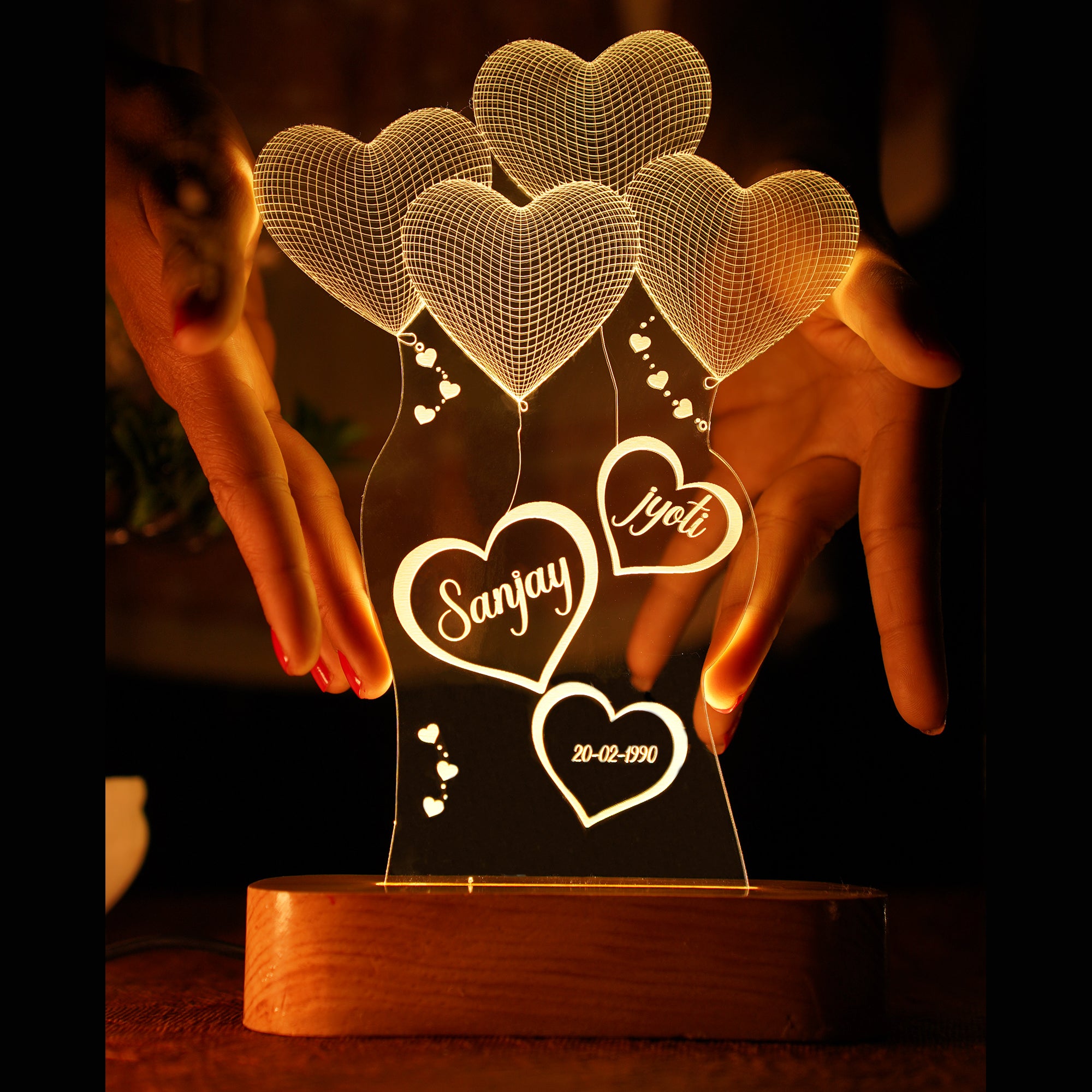 PERSONALISED 3 D WITH 7 HEART ILLUSION LAMP