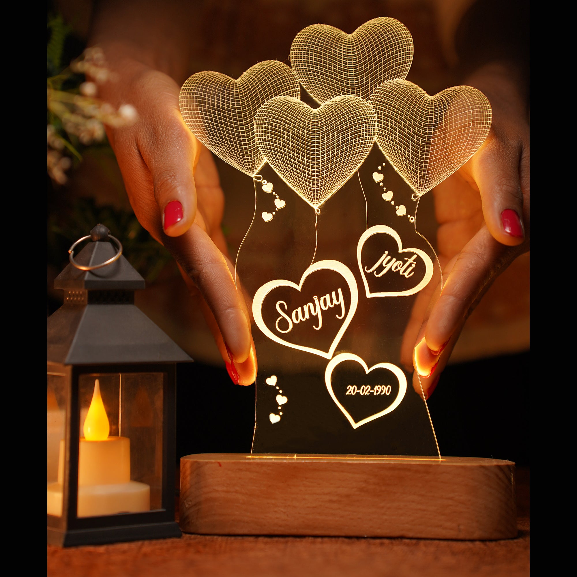 PERSONALISED 3 D WITH 7 HEART ILLUSION LAMP