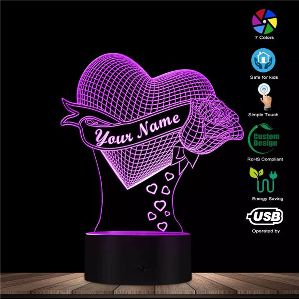 PERSONALISED NAME 3 D SINGLE HEART WITH ROSE ILLUSION LAMP