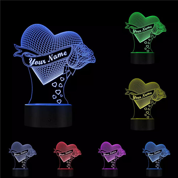 PERSONALISED NAME 3 D SINGLE HEART WITH ROSE ILLUSION LAMP